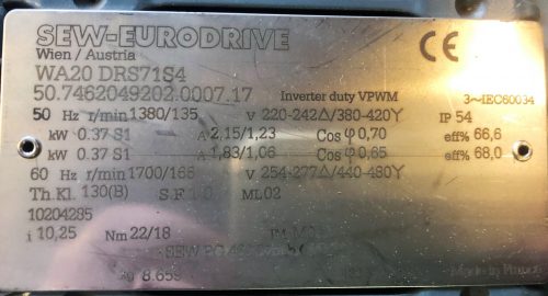 Sew-Eurodrive hajtóműves villanymotor, 0,37 kW, 135 rpm/ct1433