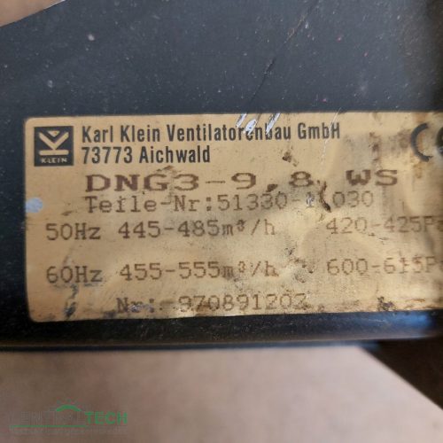 radiál ventilátor Karl Klein DNG 485m3/h befúvó ventilátor