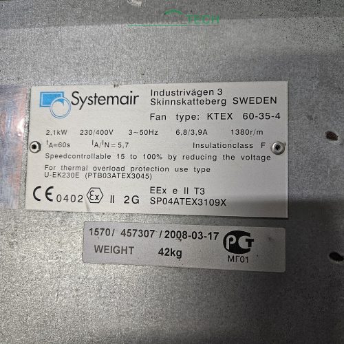 légcsatornázható radiál ventilátor Systemair KTEX 60-35-4  ATEX 3700m3/h 2,1KW