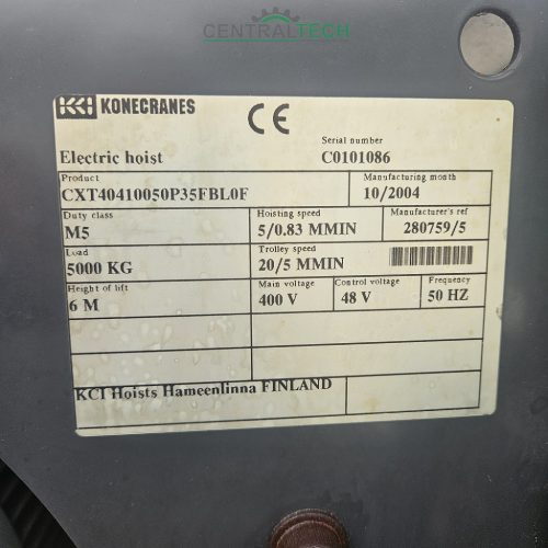 Overhead crane wire rope hoist Konecranes CXT400 5000kg hoist 6m